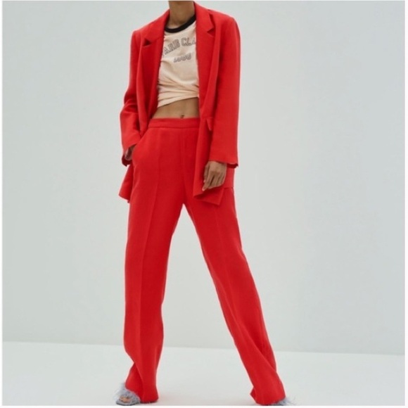 NEW Zara Wide Leg Linen Blend High Waisted Trousers Red Pants XS - Picture 3 of 5